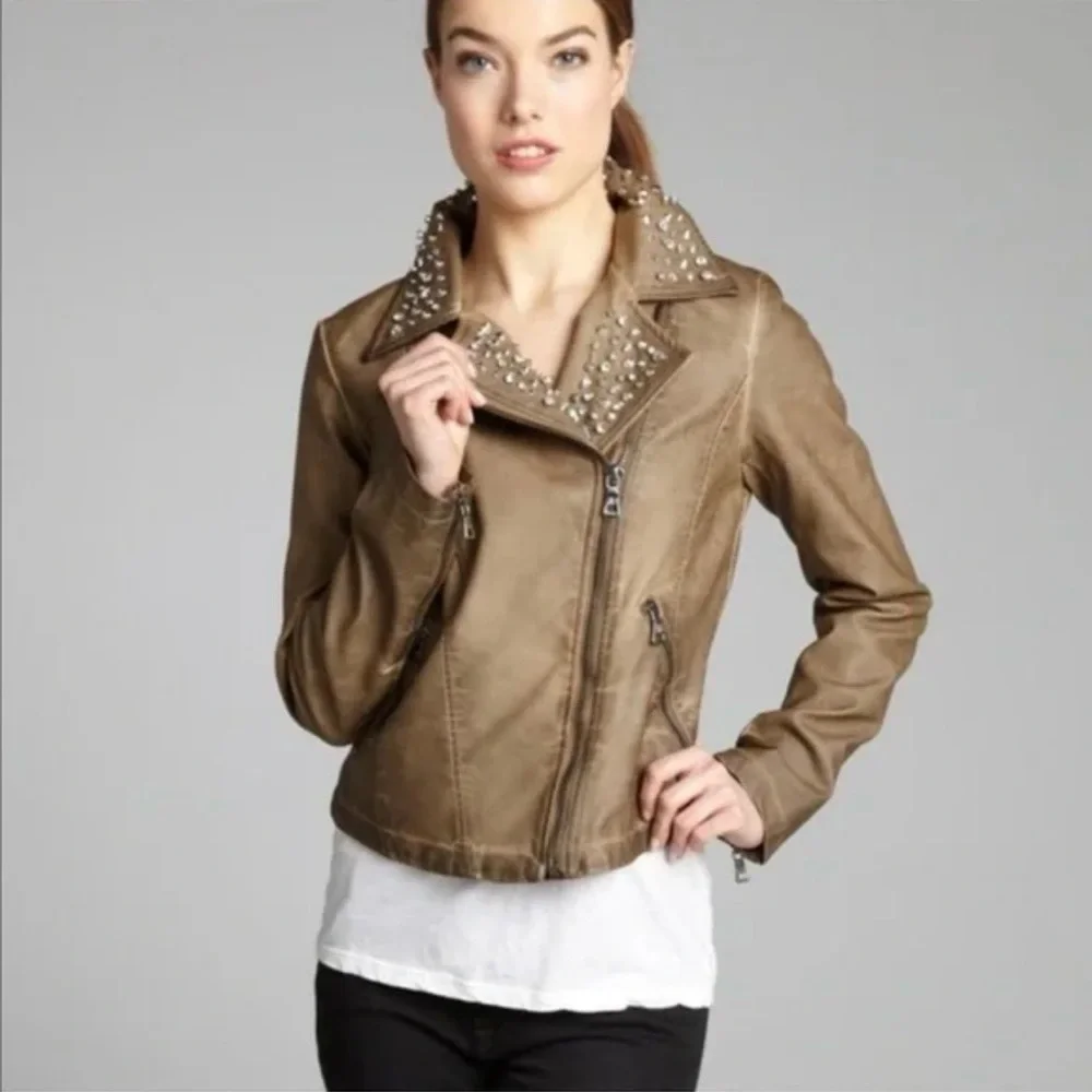 Sam Edelman Studded Distressed Tan/Brown Moto Jacket With Leopard Print Lining